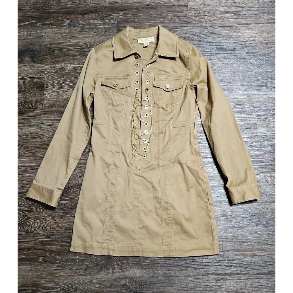 Michael Kors Chain Lace-Up Mini Dress In Dark Camel Size 0 - Picture 3 of 15